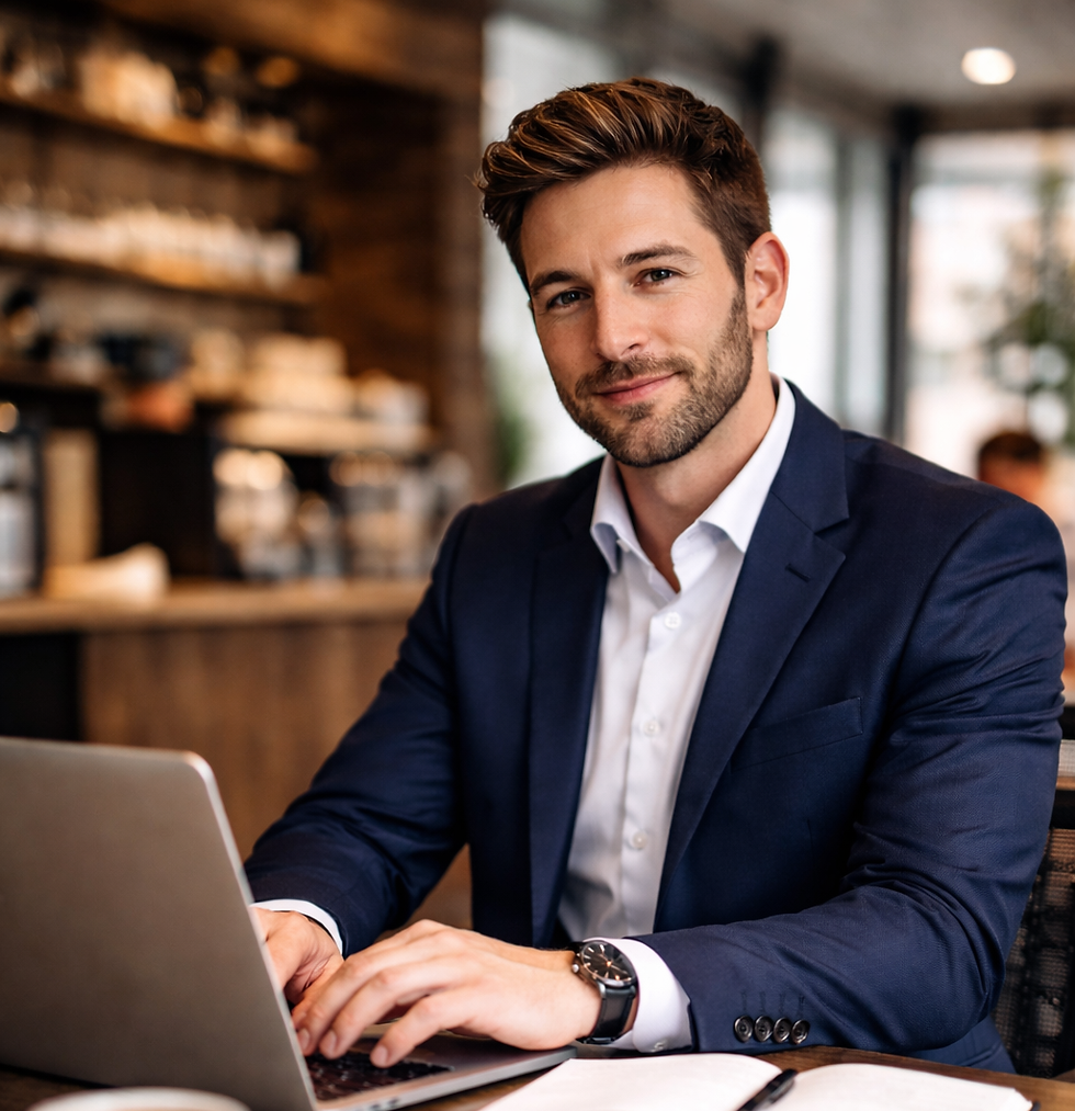 Professional man in a navy suit working on a laptop at a café table, with a coffee cup and open notebook beside him, looking confidently at the camera in a warm, modern setting.