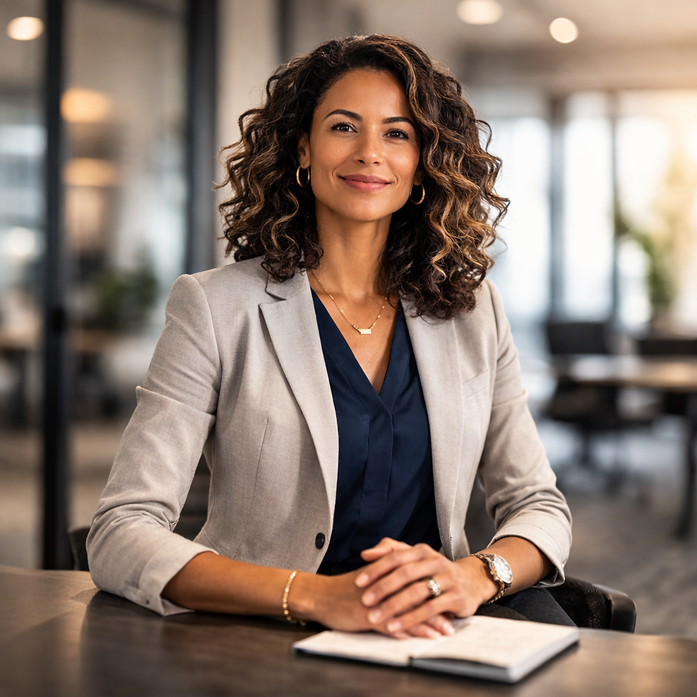 Confident professional woman with curly shoulder-length hair wearing a beige blazer and navy blouse, seated at a desk with a notebook in a modern office setting, smiling directly at the camera.