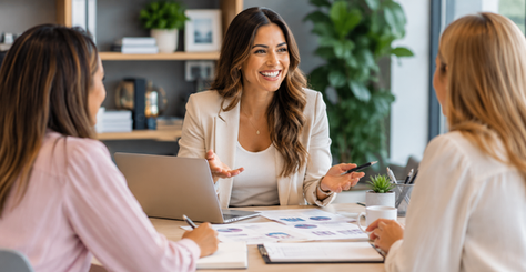 Woman entrepreneur leading a client meeting about small business strategy and marketing growth in a modern workspace.