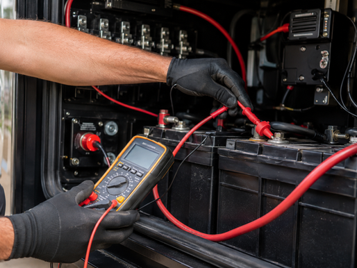 Close-up of a mobile RV technician’s gloved hands using a digital multimeter to test battery terminals and charging connections inside a clean Class A motorhome battery compartment.
