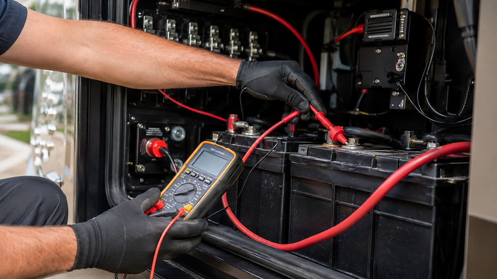 Close-up of a mobile RV technician’s gloved hands using a digital multimeter to test battery terminals and charging connections inside a clean Class A motorhome battery compartment.