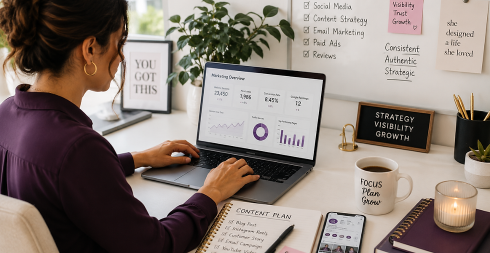 Small business owner analyzing marketing dashboard, SEO checklist, and content plan to improve online visibility.