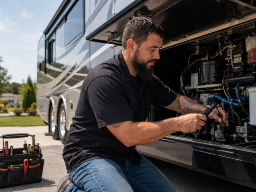 RV technician inspecting a motorhome before camping season in Petersburg, Ohio