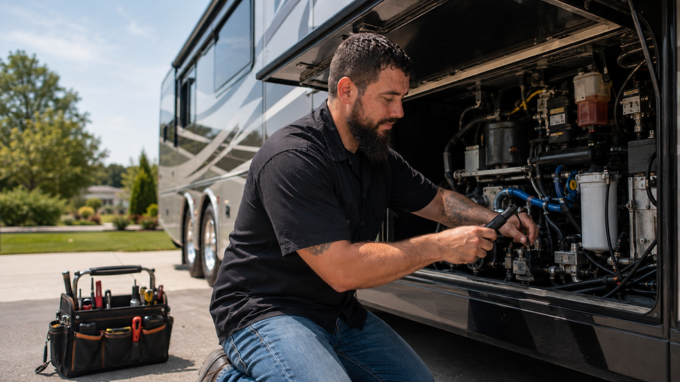RV technician inspecting a motorhome before camping season in Petersburg, Ohio