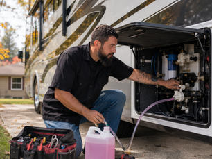 Mobile RV technician winterizing a motorhome plumbing system before cold weather