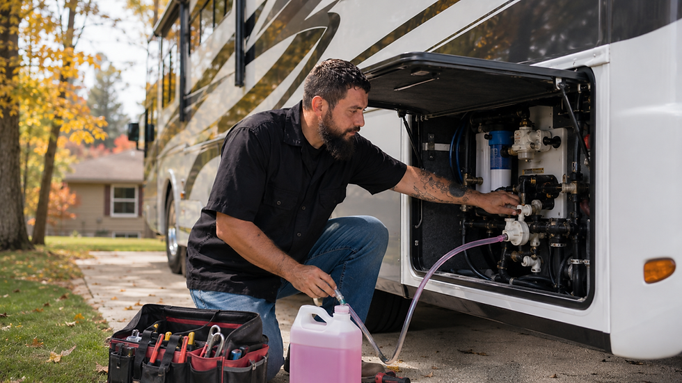 Mobile RV technician winterizing a motorhome plumbing system before cold weather