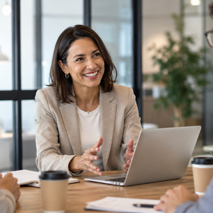 Woman entrepreneur talking with clients during a collaborative small business marketing meeting in a modern office.