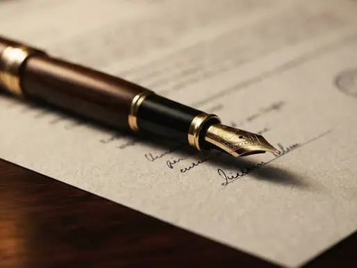 A pen resting on a legal document, representing the US Department of Justice dismissal and SEC settlement resolving proceedings against Adani Group
