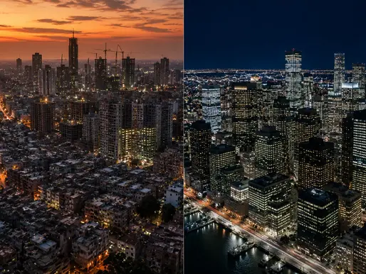 A split aerial view contrasting an emerging market city under construction with an American financial district at night, illustrating the capital flow question facing India in 2026