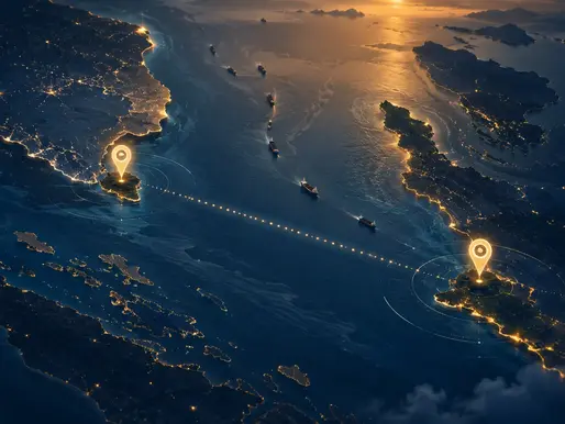 Stylized top-down map of the Strait of Malacca with glowing markers near Great Nicobar Island and Sabang, connected by a dotted maritime route.