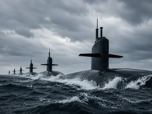 A submarine conning tower cutting through ocean water, representing India's Project 75(I) deal with Germany's TKMS for six advanced submarines