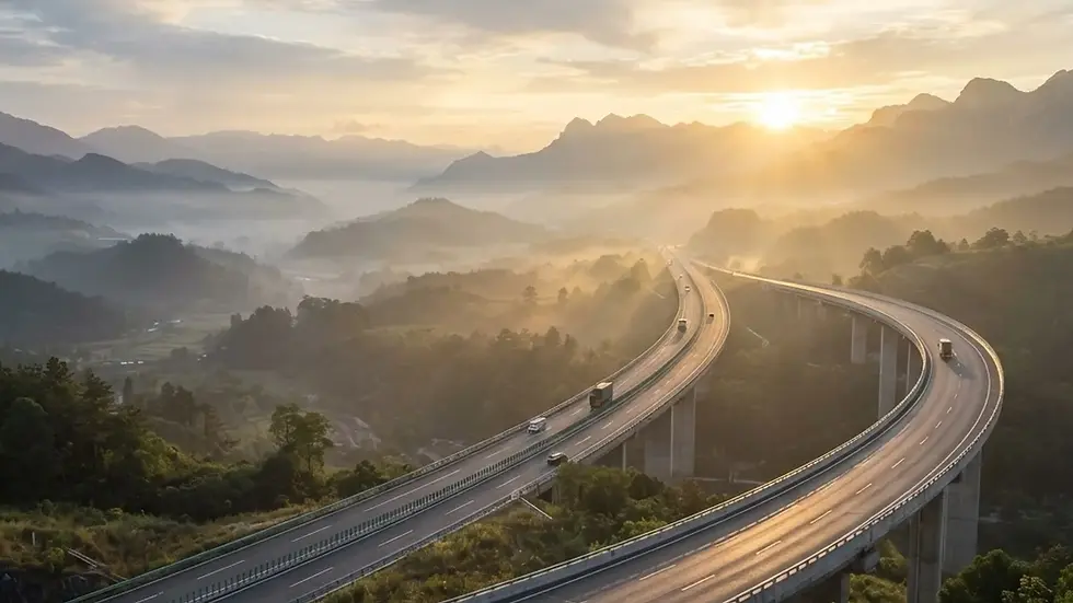 A modern expressway at dawn with a sweeping flyover, representing India's infrastructure expansion documented in the government's May 2026 milestone report