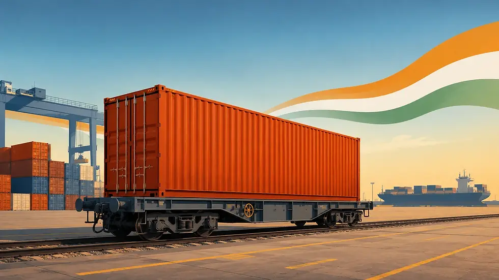 Stylized illustration of an orange shipping container on a flatbed rail car at an inland container depot. Tricolour-inspired ribbon and a distant cargo ship symbolize India's manufacturing and trade logistics.