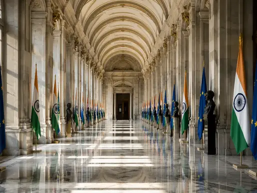 An empty formal government corridor representing the unfinished ratification process of the India-EU Free Trade Agreement, four months after its political conclusion
