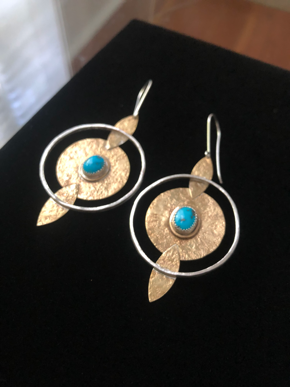 Turquoise, brass and sterling silver earrings.