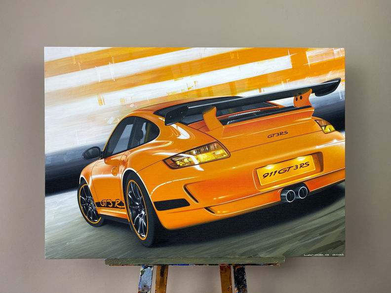 2007 Porsche 911 997 GT3 RS original acrylic painting by Lance Grootboom, front three-quarter view