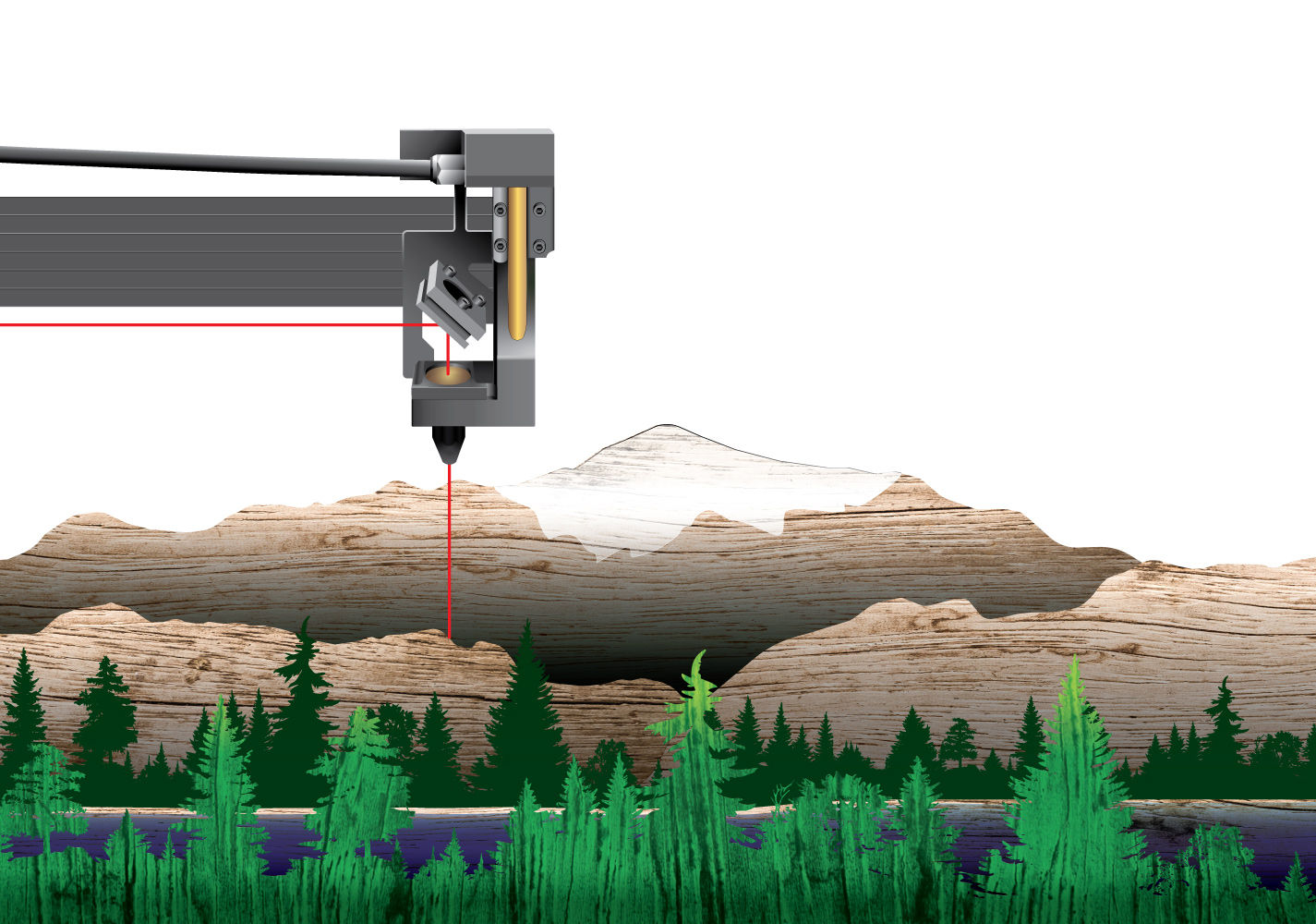 Artistically rendered laser cutting head creating a mountain scene out of wood pieces. The foreground is fillled with green pine trees and a lake blending into snow capped mountainscape