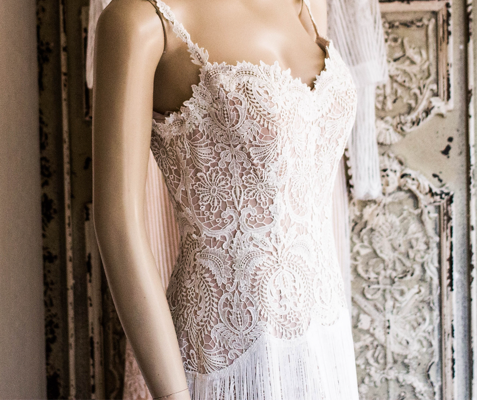 close up of lace wedding dress bodice on mannequin