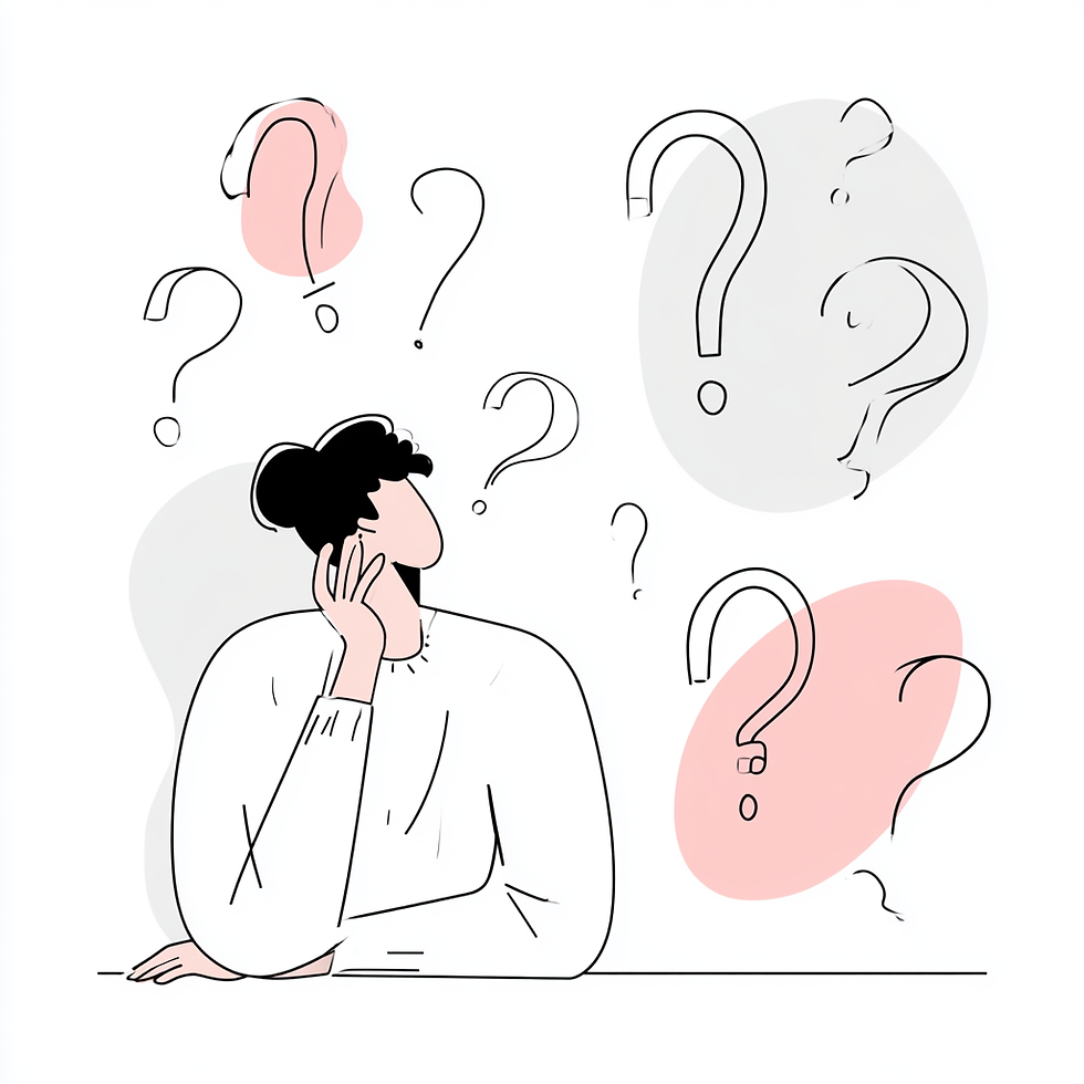 Illustration of a pensive person resting their chin on a hand, surrounded by floating question marks on a white background.