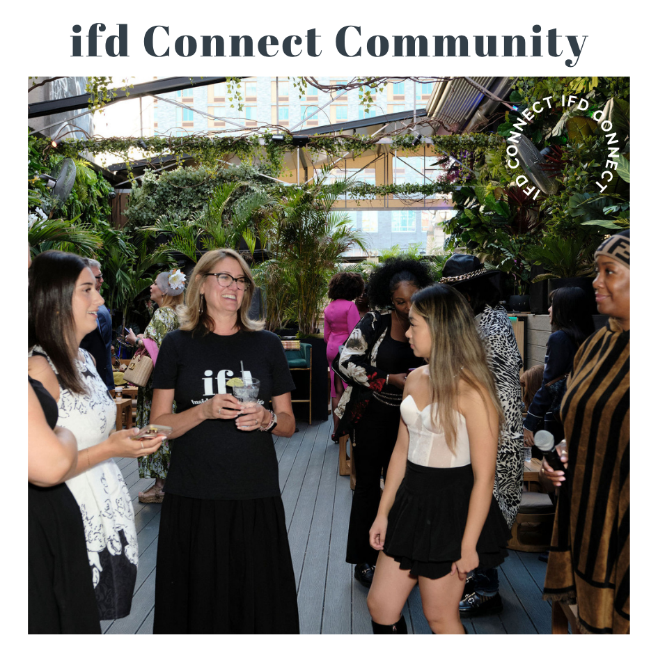 Women chatting at ifd Connect Community event on a lush greenhouse patio, with the ifd Connect Community logo visible.