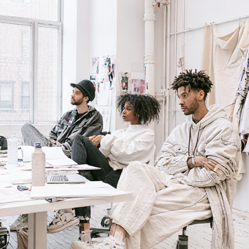 Three designers sit in a bright studio, reviewing sketches at a table with papers and bottles, looking focused and thoughtful.