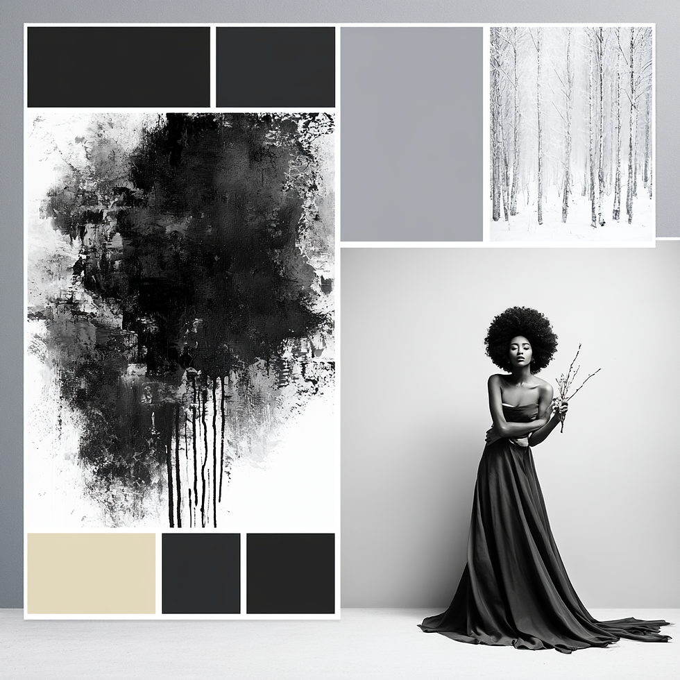 Elegant woman in black gown holds twigs, standing against a gray background. Abstract black and white art and snowy trees featured nearby.