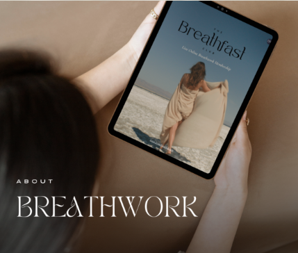 Person holds a tablet showing a beach scene with a woman and the text Breathfast; About Breathwork appears below.