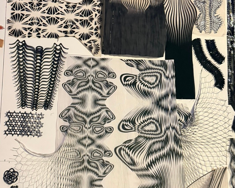 Abstract black-and-white collage of optical illusion line patterns and layered geometric prints on paper, dense and rhythmic
