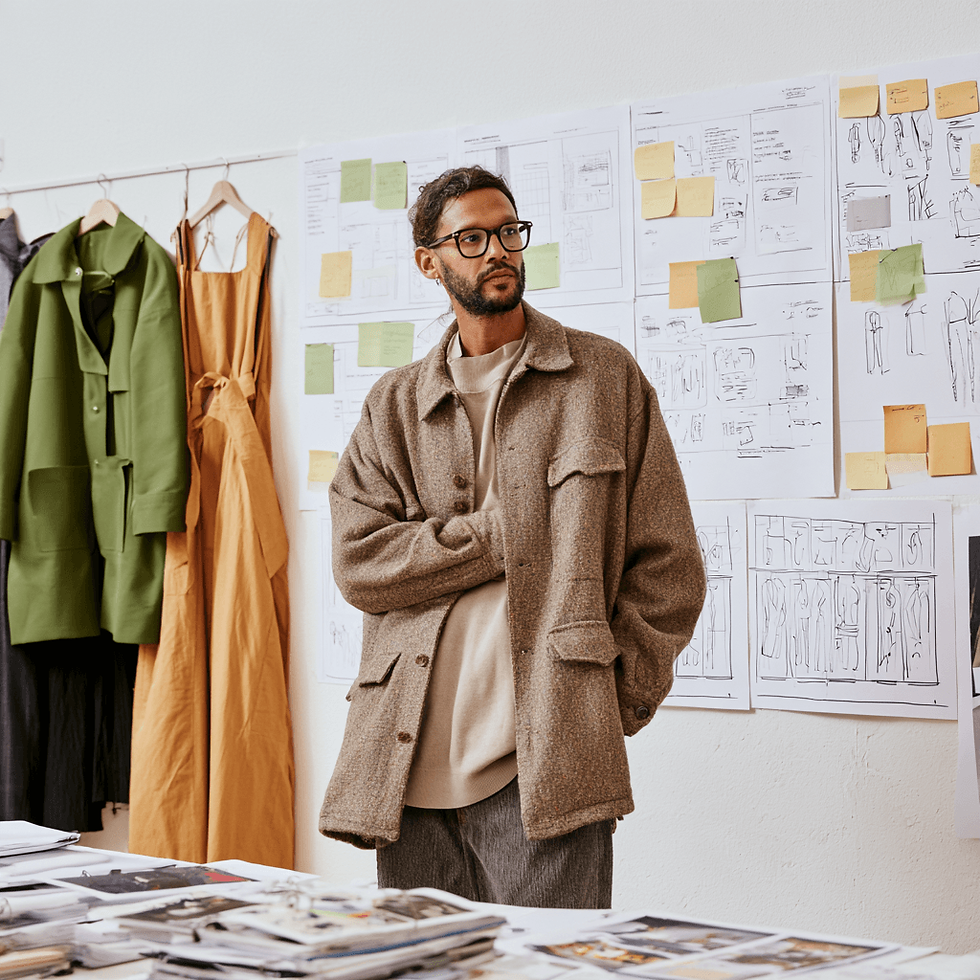 Designer in glasses stands in a fashion studio, arms crossed, beside coat sketches, sticky notes, and hanging green and mustard garments.