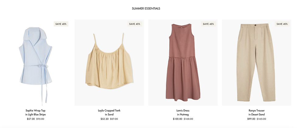 website page, showing key summer items from the Nazeerah assortment; a sleevless top, a tank top, long dress and trousers