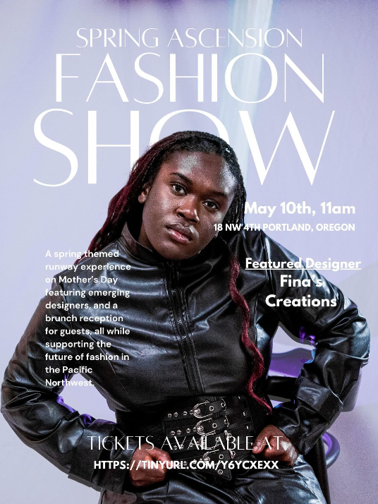 Person in black leather jacket against purple background for Spring Ascension Fashion Show. Details: May 10th, 11am, Portland.