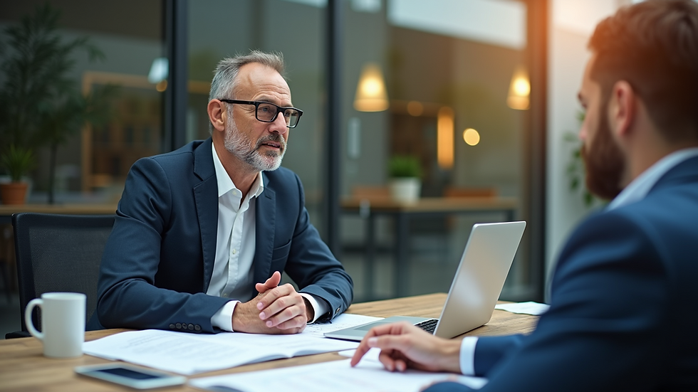 Eye-level view of a mentor and entrepreneur discussing business plans