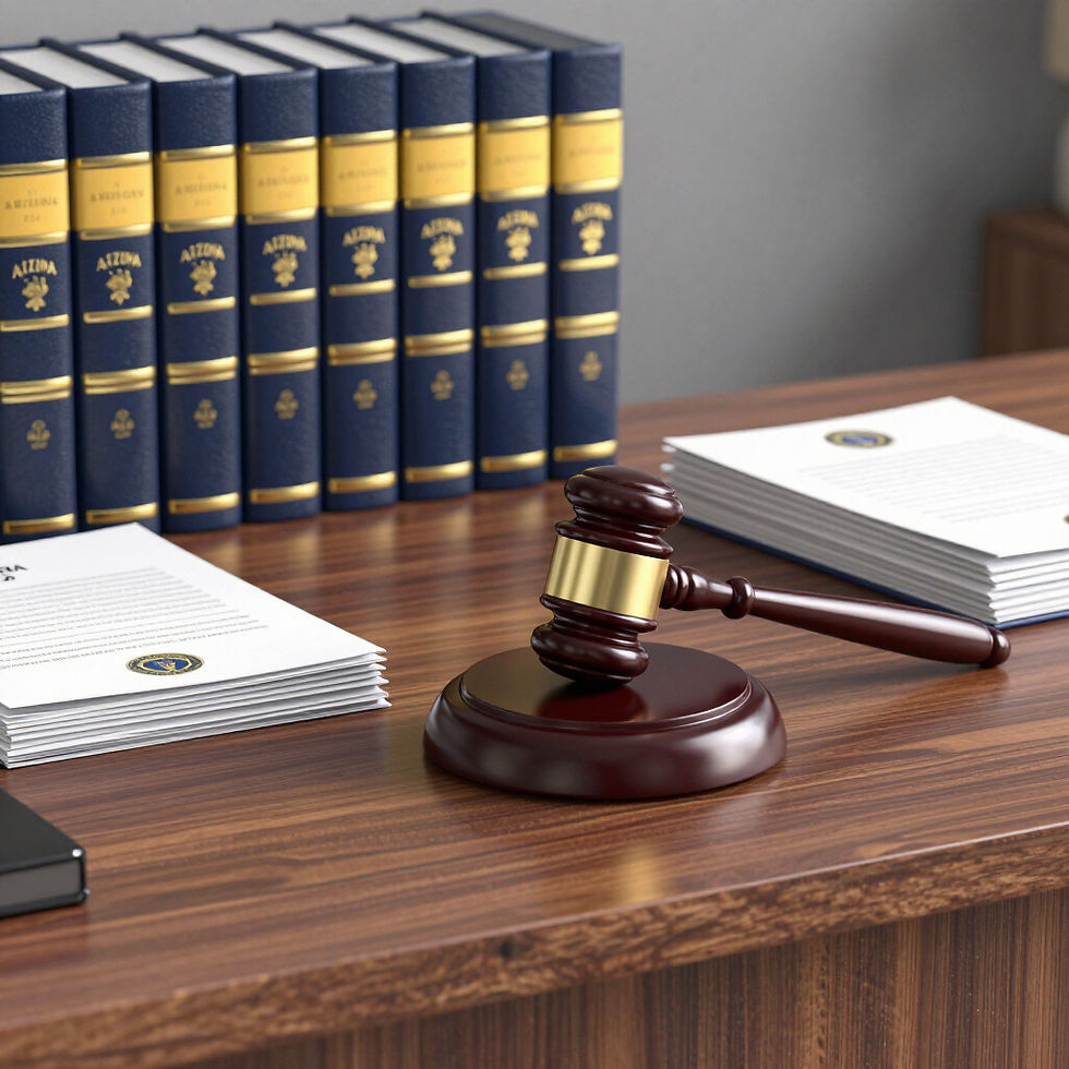 Wooden gavel on a desk with law books and legal papers.