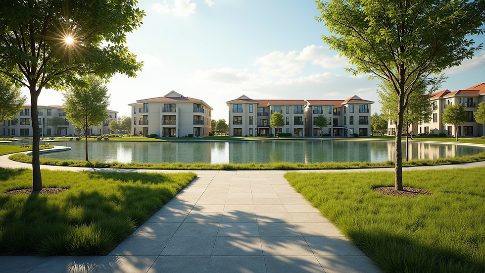 Wide angle view of a community park with sustainable real estate development in the background