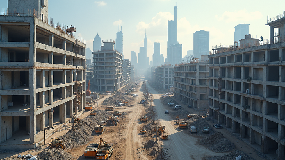 Wide angle view of a large urban mixed-use development under construction