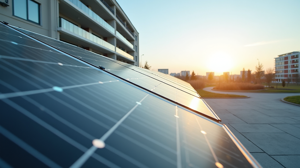 Eye-level view of a modern building with solar panels on the roof