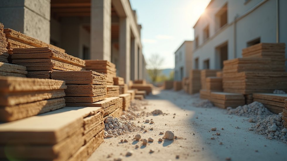 Wide angle view of a construction site with eco-friendly materials stacked