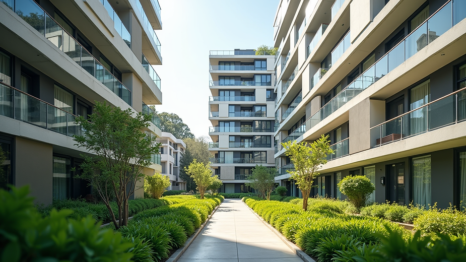 Eye-level view of a modern residential building with green landscaping