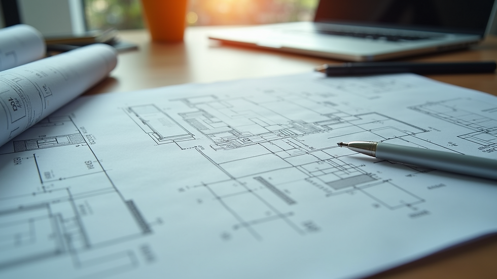 High angle view of architectural blueprints and construction plans on a desk