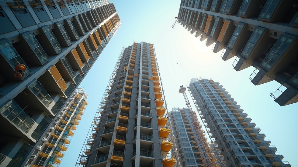Eye-level view of a modern apartment complex under construction