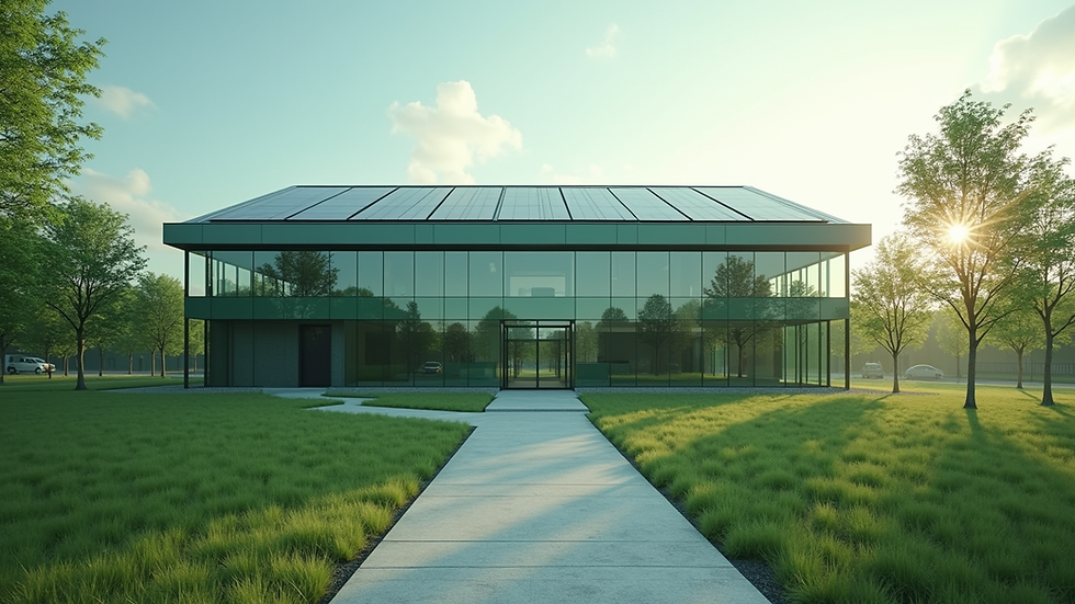 Eye-level view of a modern green building with solar panels on the roof