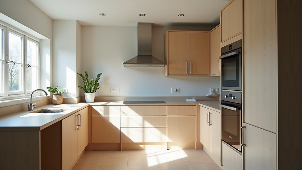 Eye-level view of a modern kitchen under renovation with new cabinets being installed