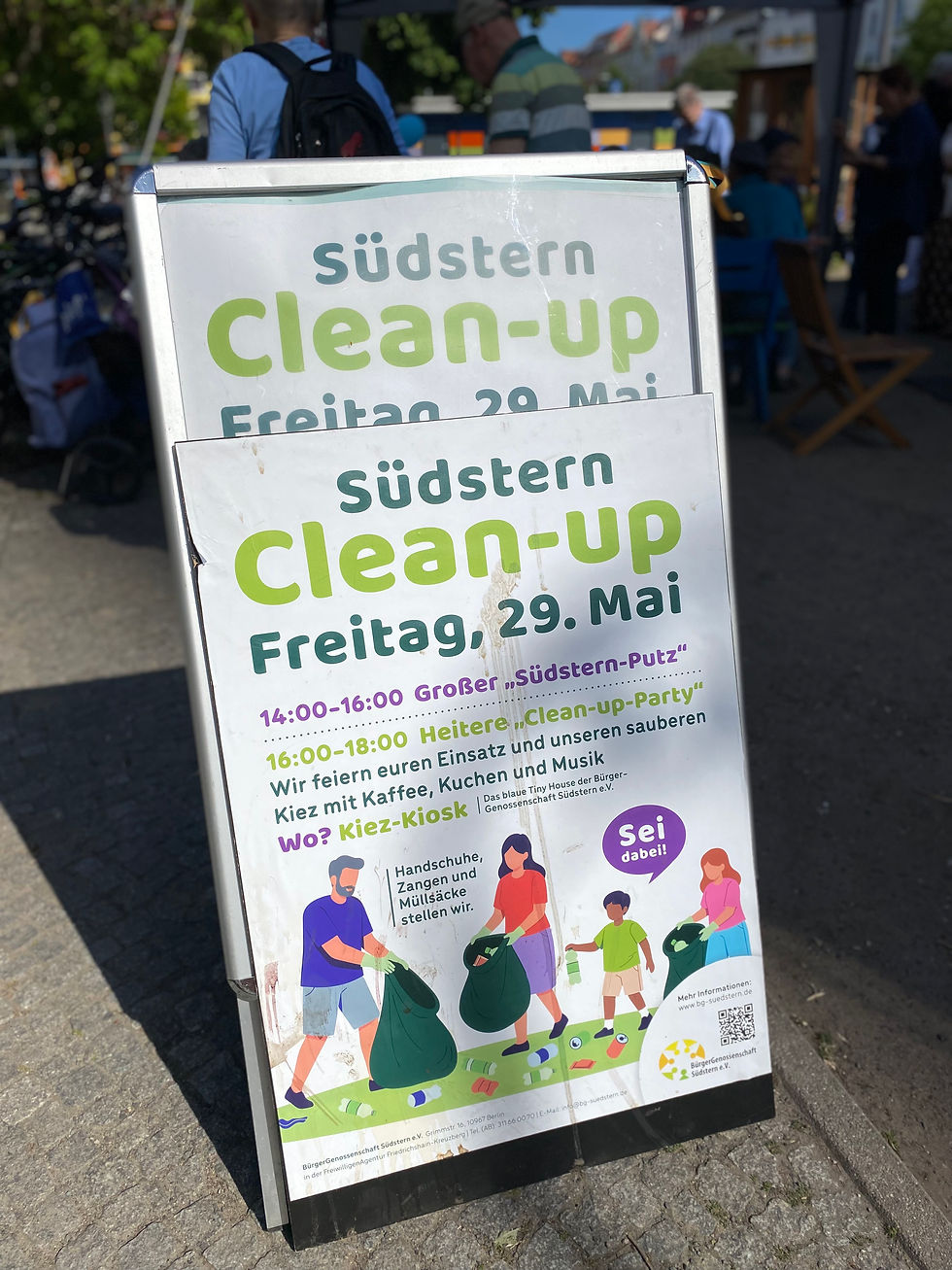Kreuzberg und Müll … ein Drama in tausend Akten! Mit immer mal kleinen, guten Höhepunkten, wie gemeinsam den BSR-Kieztag begehen. Mit einem anschließenden clean up “Südstern-Putz” mit Greifzange, Sack und Eimer. Um dann fröhlich in eine “Clean-up-Party” einzustimmen!