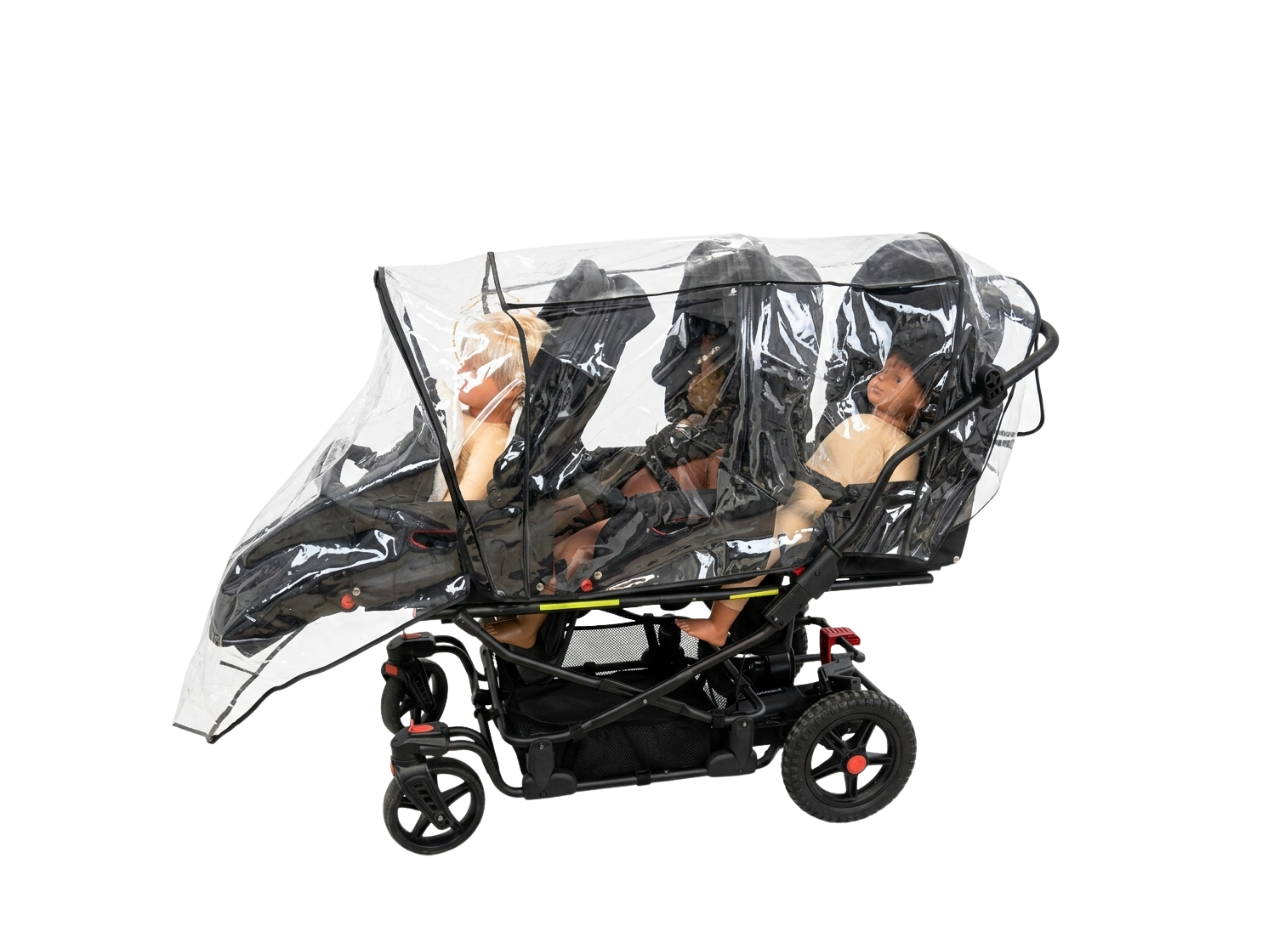 Habillage pluie transparent pour poussette électrique triple BabyTrolem, protégeant enfants et guidon des intempéries.