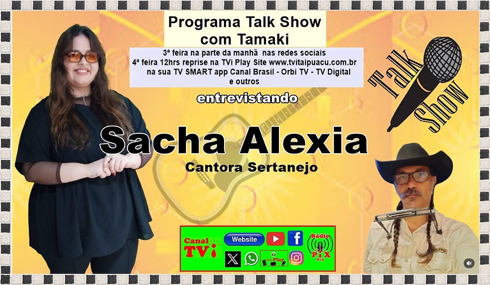 Canal TVi Talk show com Tamaki entrevistando cantora sertaneja Sacha Alexia.