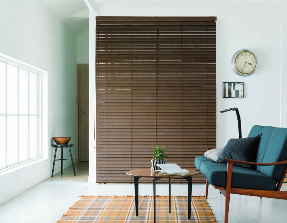 Elegant wooden blinds with rich natural texture, offering timeless style, adjustable light control, and privacy in a sophisticated home or office setting