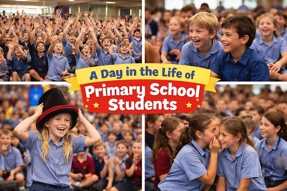 Primary school students are captivated and full of joy while watching Magic Jake perform his enchanting show.