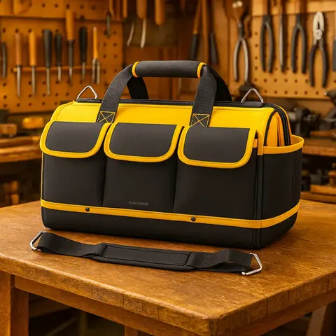 Bolsa Maleta De Ferramentas Grande Reforçada 16 Bolsos Para Eletricista E Profissionais - Fundo Firme Em Borracha - Preto E Amarelo