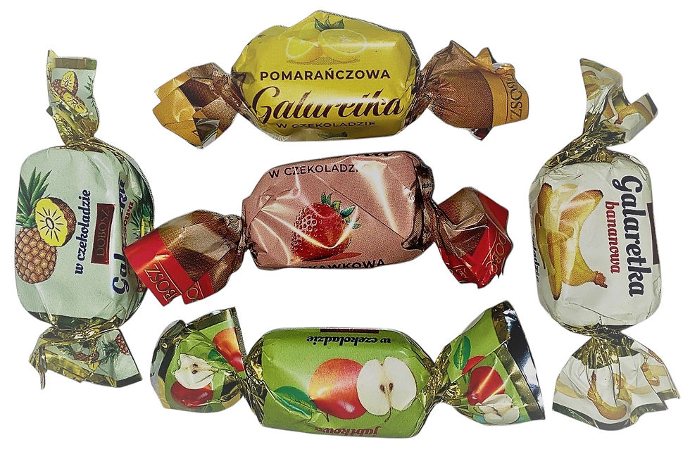 7. Jelly in chocolate, Cherry,pineapple,banana,apple,strawberry,plum flavoured pectin jellies in