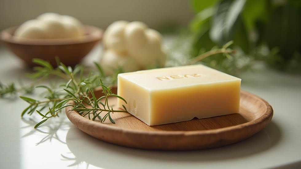 Eye-level view of a bar of neem tulsi soap on a natural wooden soap dish